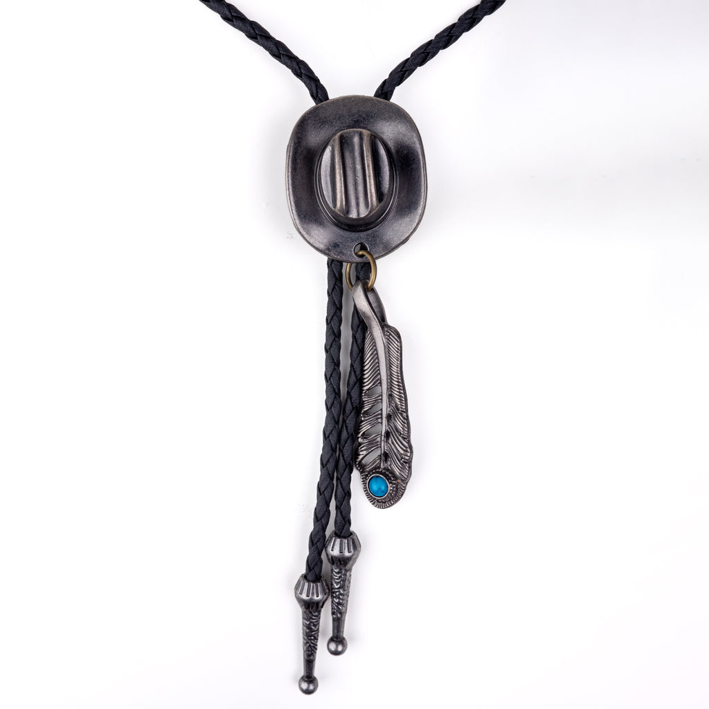 Silver Cowboy Hat w Feather Turquoise Bolo Tie - Bolo-021