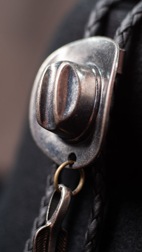 Silver Cowboy Hat w Feather Turquoise Bolo Tie - Bolo-021