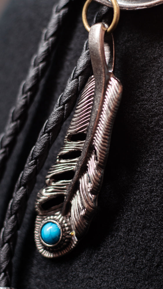 Silver Cowboy Hat w Feather Turquoise Bolo Tie - Bolo-021