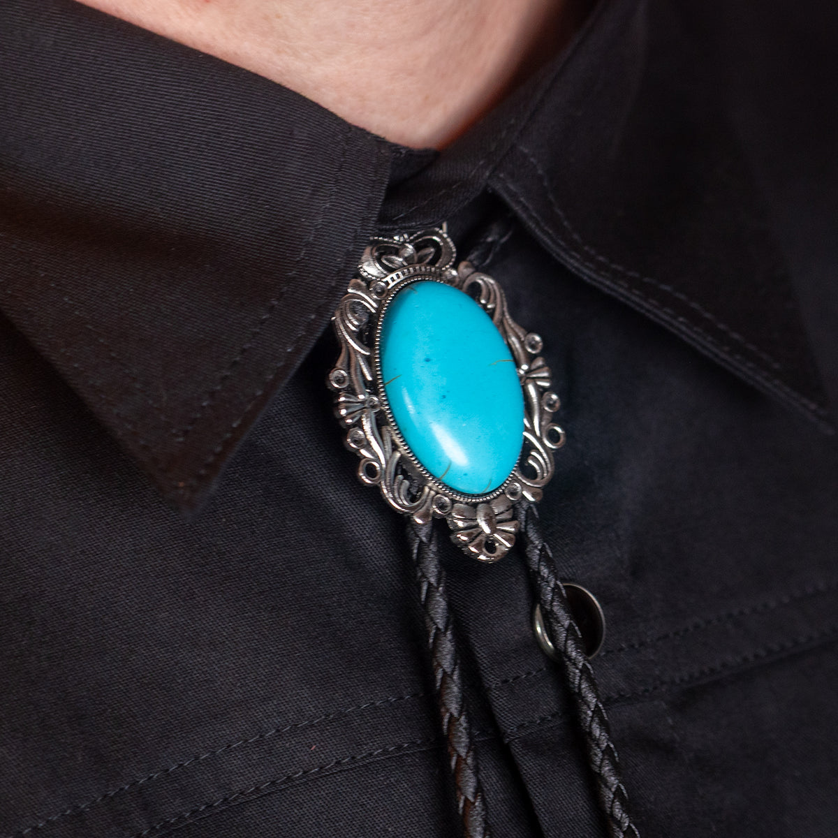 Turquoise Silver Scroll Bolo Tie - Bolo-63